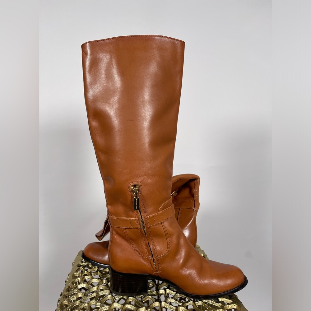 MICHAEL KORS Leather Cognac Chestnut Brown Logo Boots - Picture 3 of 7